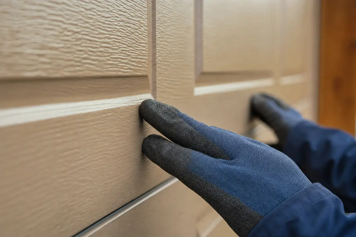Gloved hands checking the alignment between two panels of a new steel door