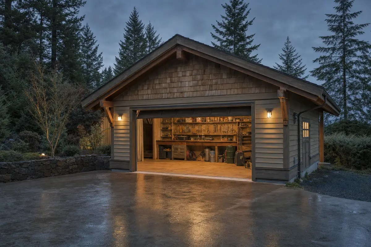 A residential garage at dusk with the door open and a tidy workbench inside