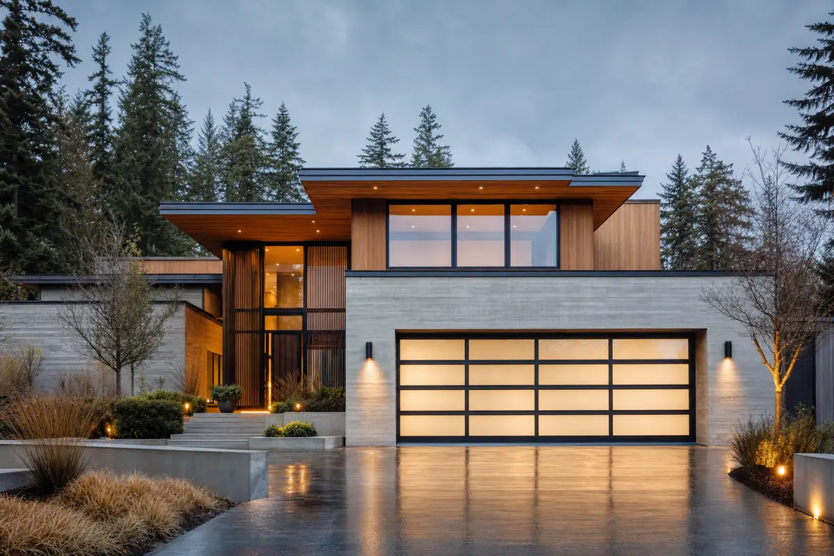 A modern full-view glass garage door glowing at dusk on a West Coast home