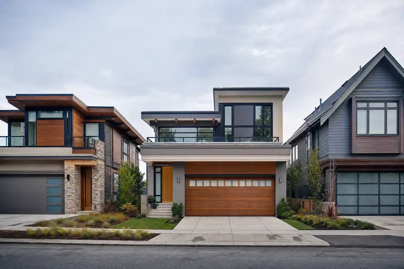 A contemporary Vancouver home with a warm timber-look double garage door