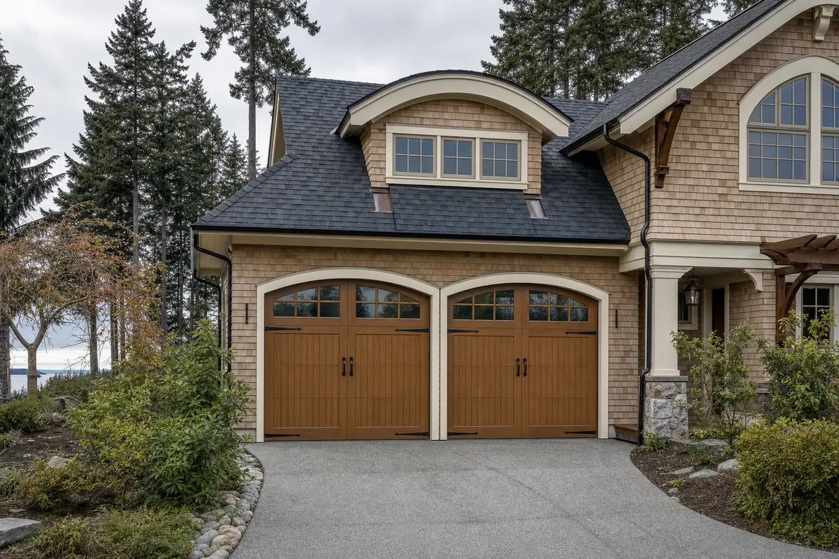 A faux-wood carriage house door on a tree-lined Vancouver street
