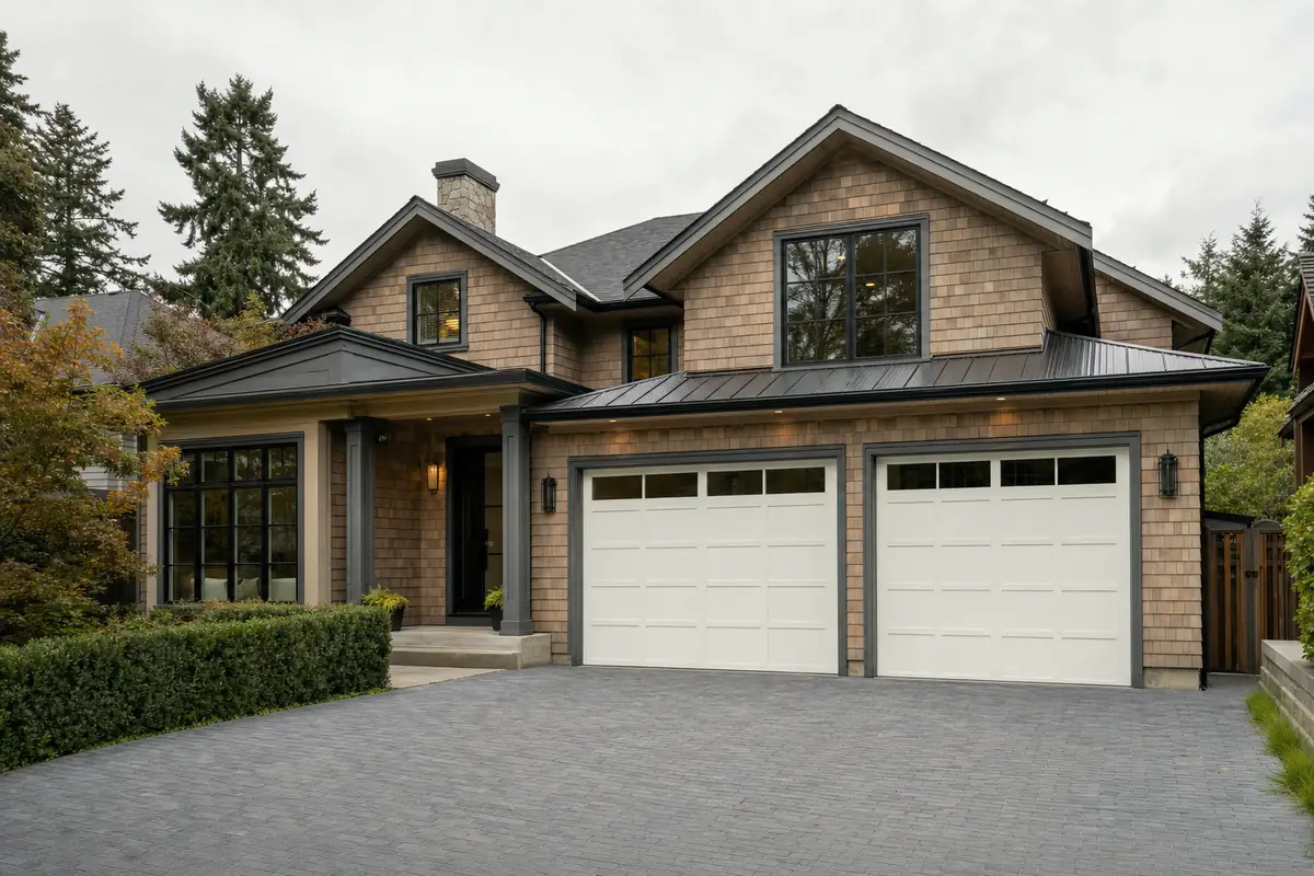 A shaker-style insulated steel garage door on a West Coast home