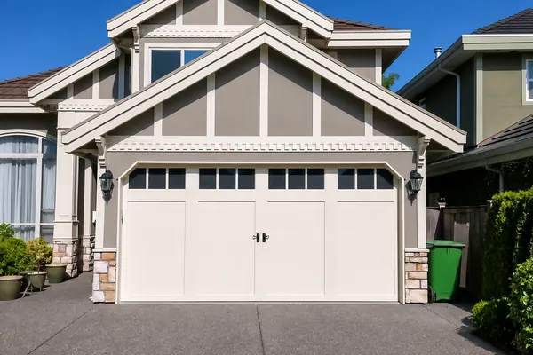 Modern carriage style door - Clopay Coachman garage door in Almond, Design 11, Rec 13 obscure windows, with Keyhole handles.