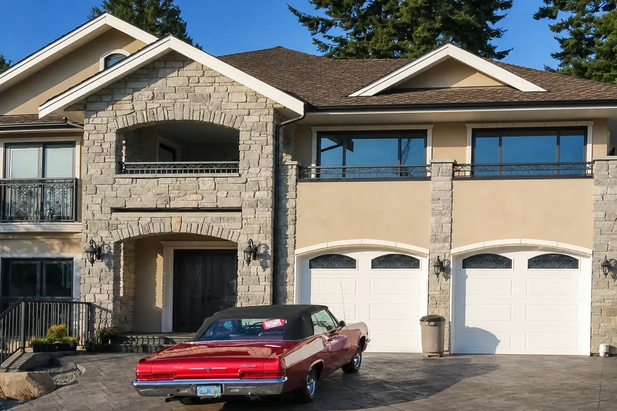 A large stone-fronted house with a three-car garage and a classic car on the drive