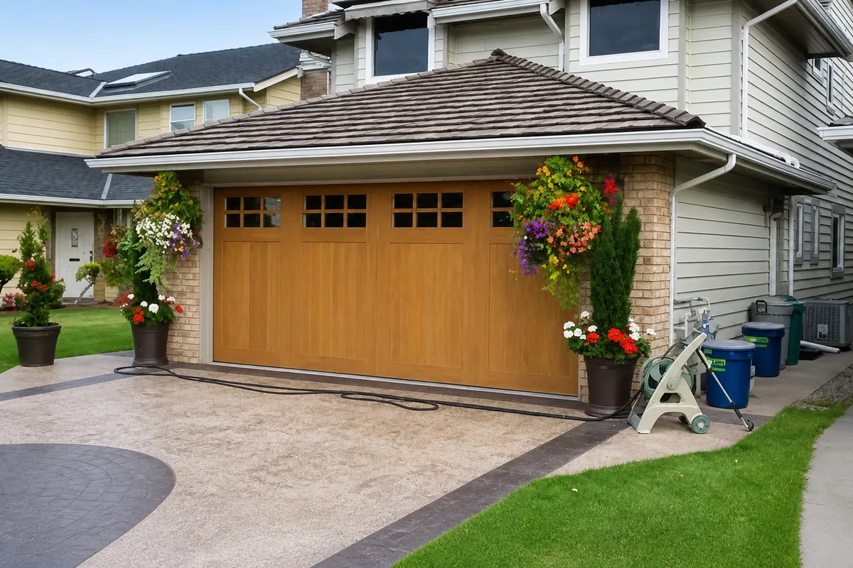 A timber-look carriage door on a house with planted borders