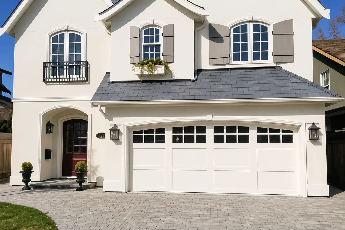 A white two-storey Vancouver home with a carriage-style garage door