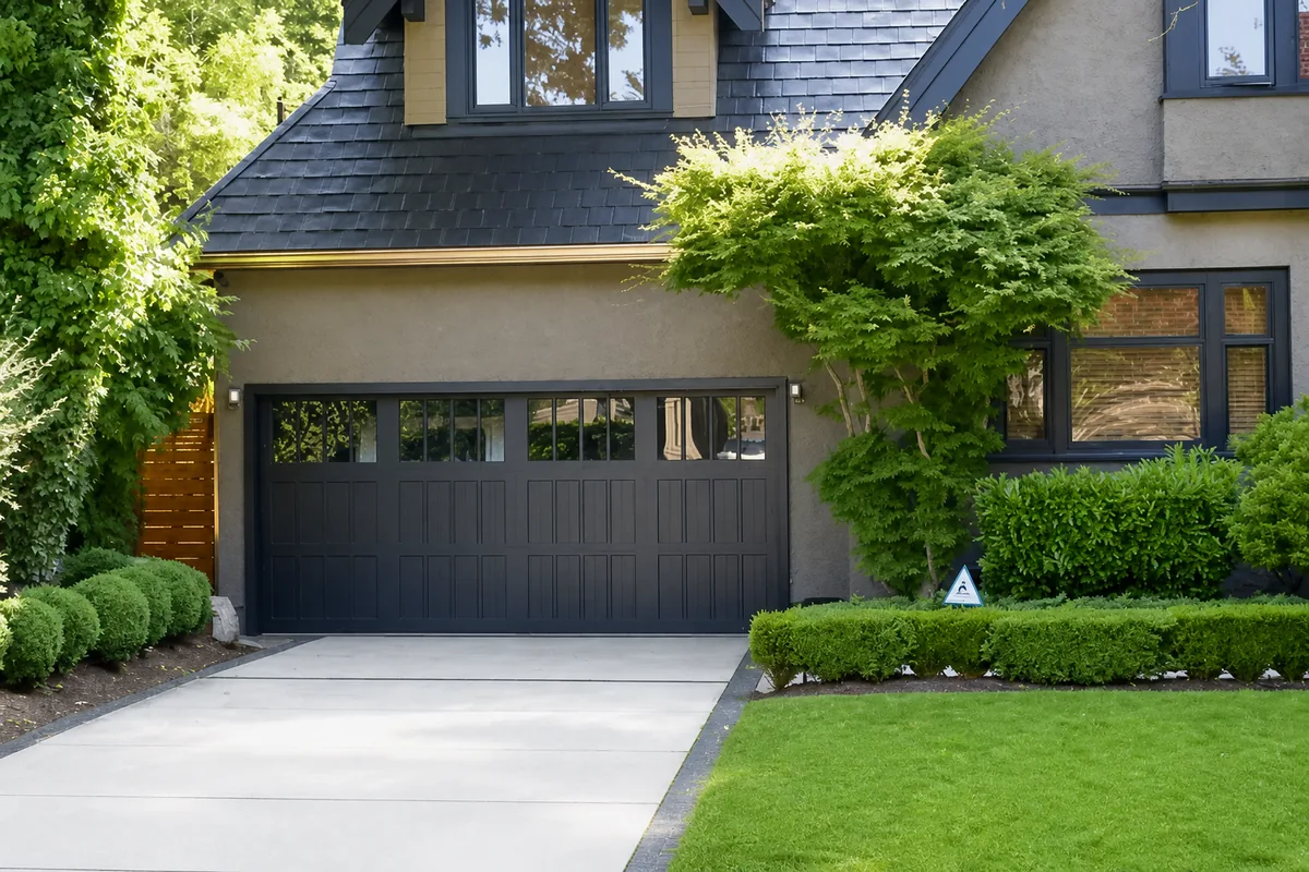A dark modern home with a flush garage door and a clipped lawn