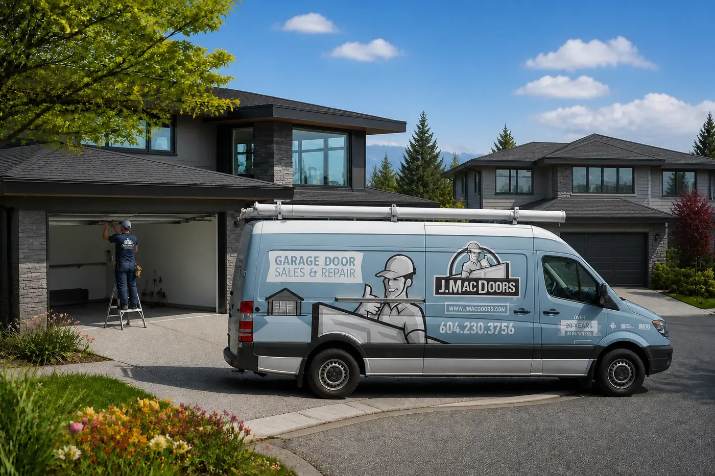 A J.Mac Doors van in a driveway while a technician services the garage door