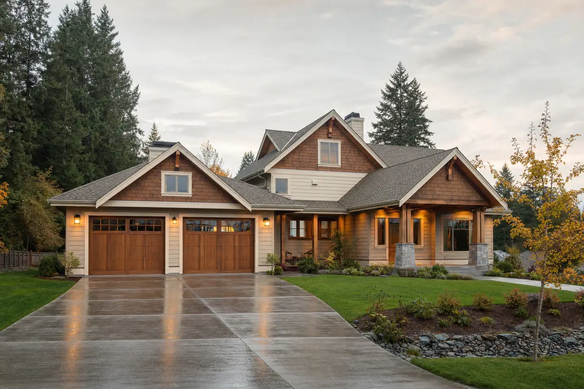 A West Coast home at dusk with a freshly finished double garage door