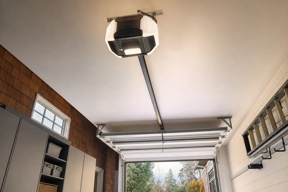 A newly installed belt-drive opener on the ceiling of a residential garage