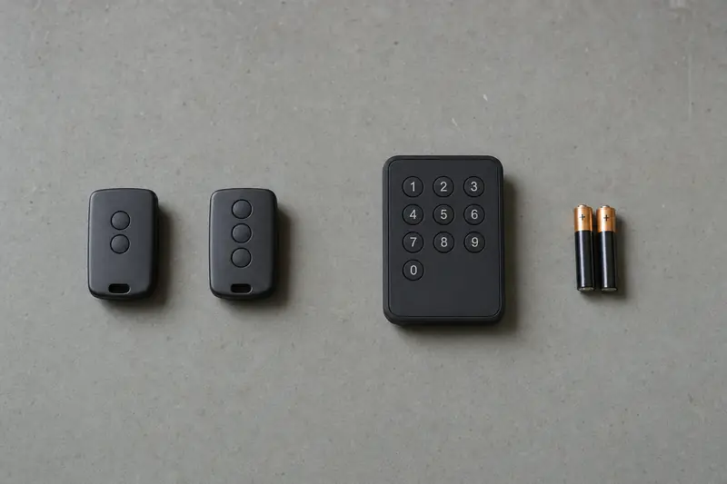 Remotes and a keypad laid out on a workbench