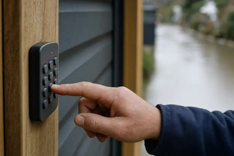 A hand holding a garage door remote in front of a closed door