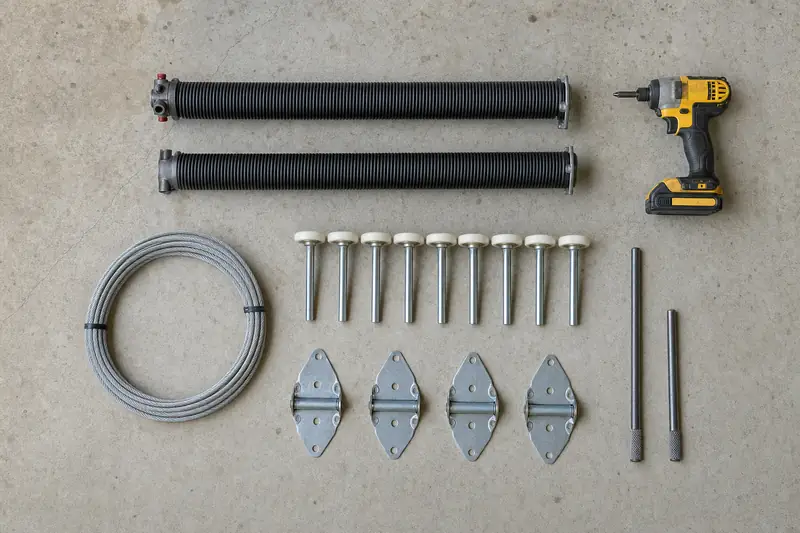 Springs, cables and rollers stocked on the shelves of a J.Mac Doors van