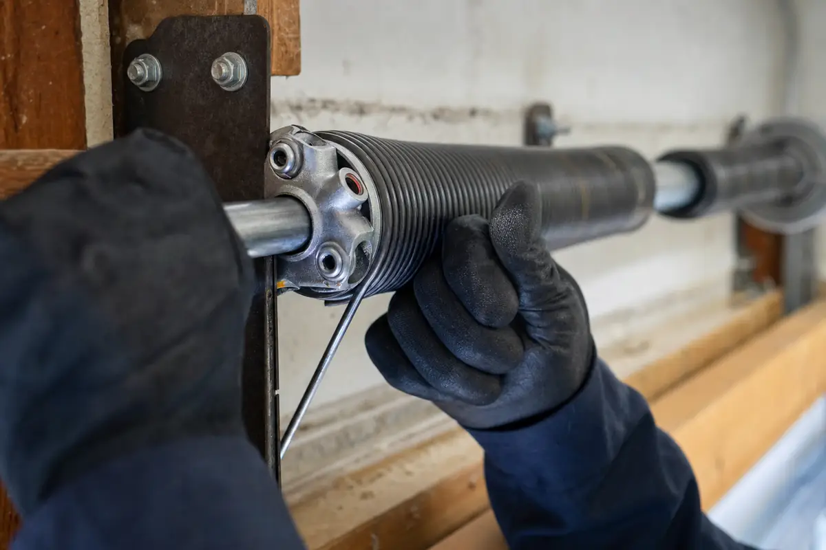 A J.Mac Doors technician fitting a new torsion spring from a step ladder