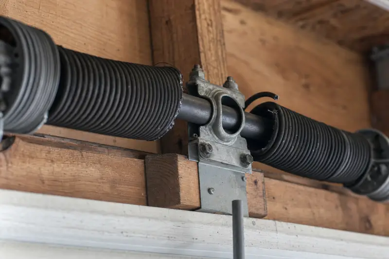 A torsion spring on the shaft above a garage door opening